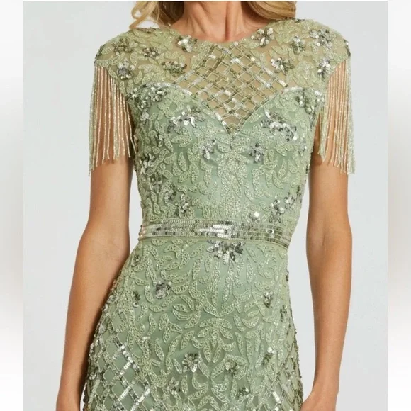 $698 Mac Duggal High Neck Beaded Sequin Fringe Sage Green Gown Dress 4908 Size 4 - Picture 14 of 15